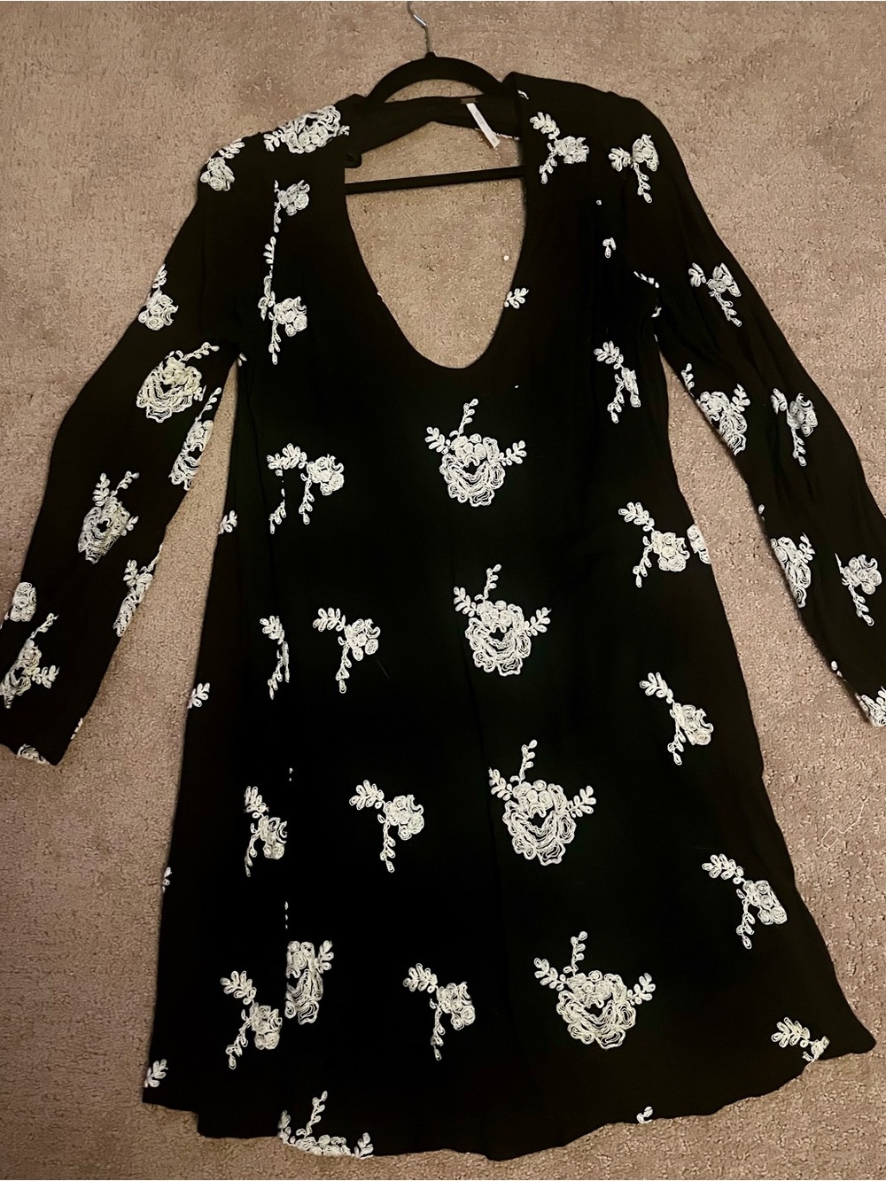 Free People Black Long-Sleeve Dress with White Floral Embroidery